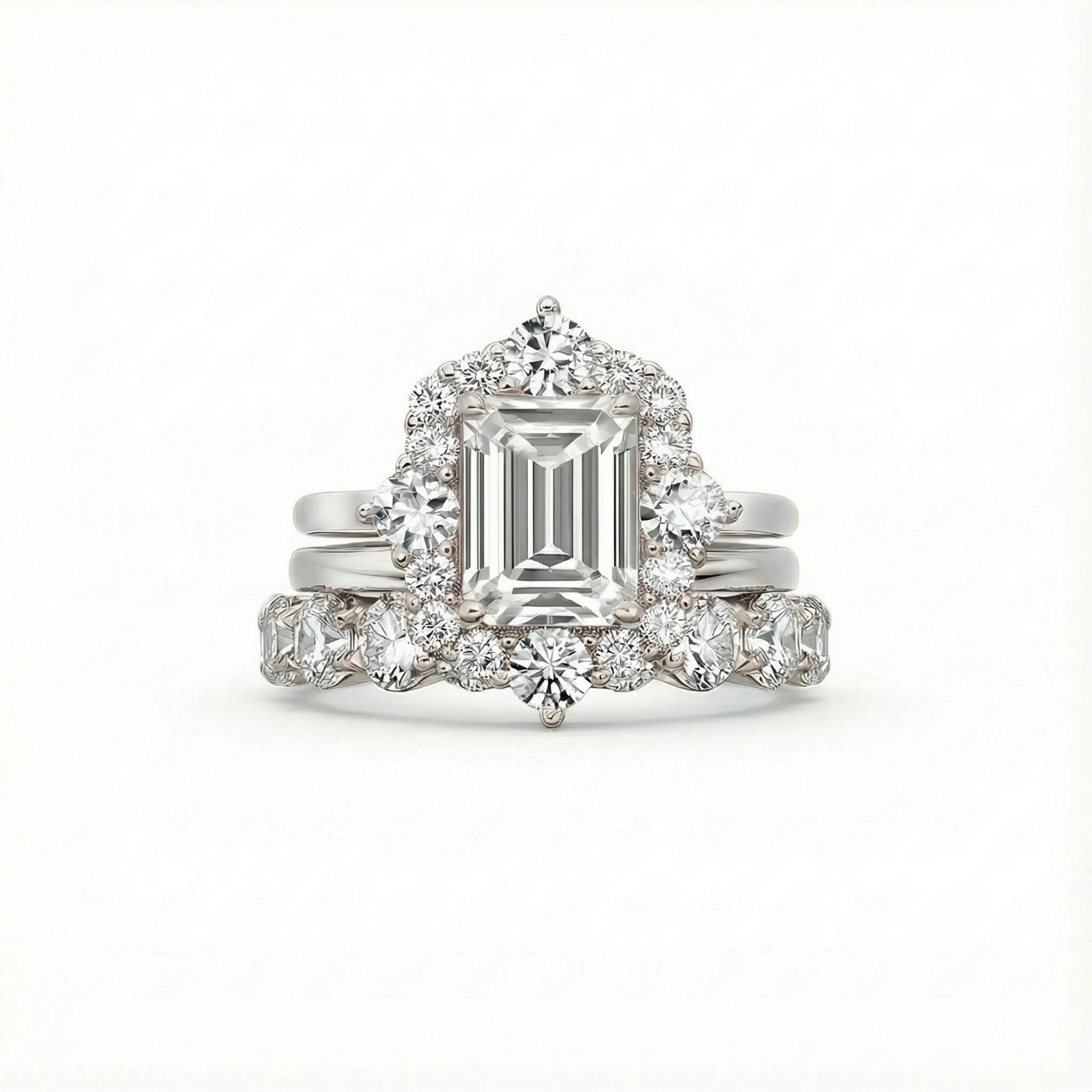 Emerald Cut VVS Moissanite Clustered Engagement Ring Set Emerald Cut VVS Moissanite Clustered Engagement Ring Set