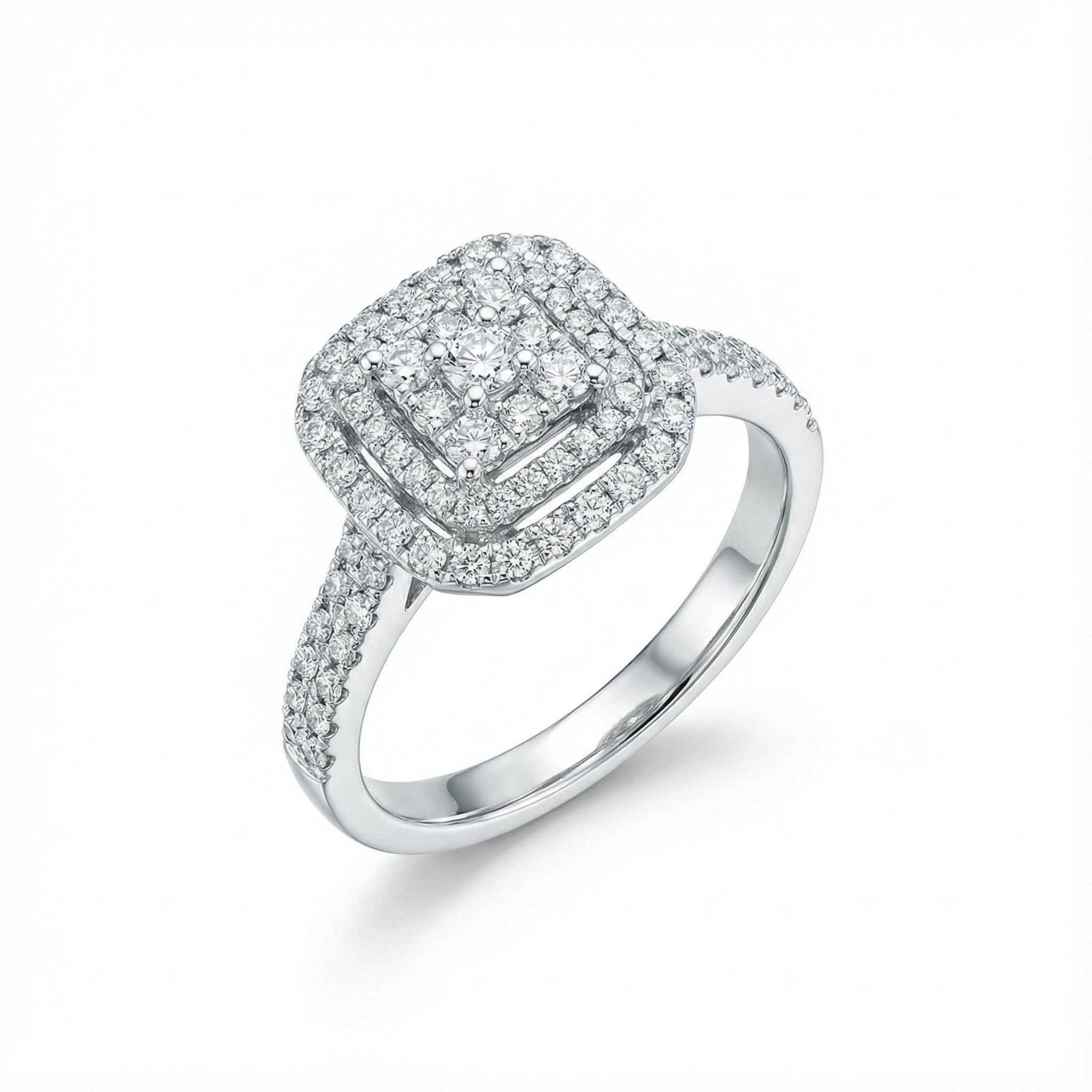 Cushion Shape Round Cut VVS Moissanite Double Halo Engagement Ring