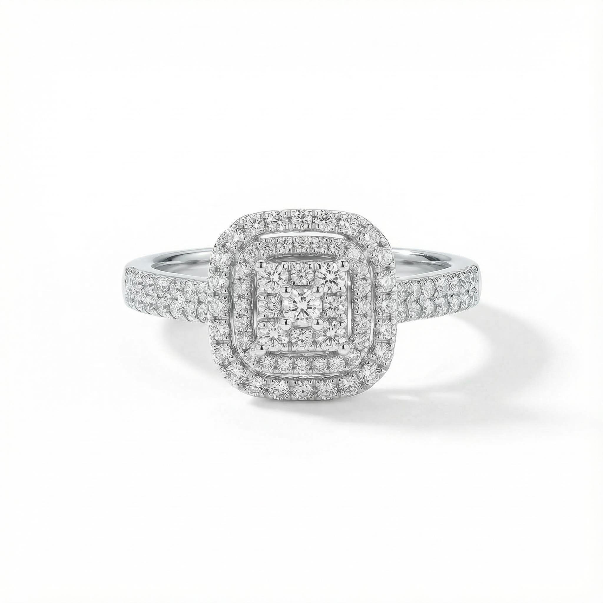 Cushion Shape Round Cut VVS Moissanite Double Halo Engagement Ring