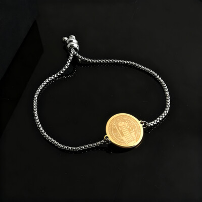 Stainless Steel St. Benedict Medal Bracelet Adjustable Bracelet