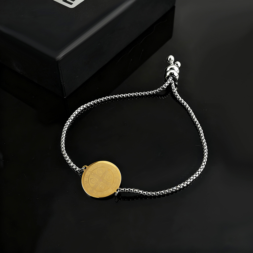 Stainless Steel St. Benedict Medal Bracelet Adjustable Bracelet Stainless Steel St. Benedict Medal Bracelet Adjustable Bracelet