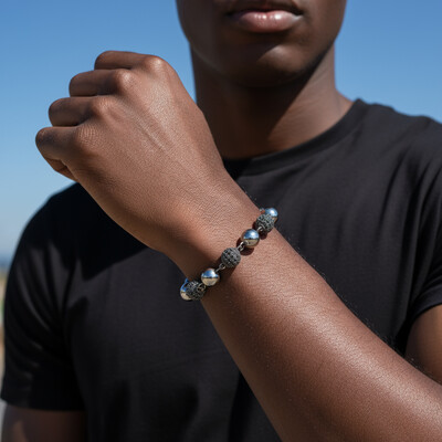 8mm Iced Beads Bracelet in Black Gold Plated