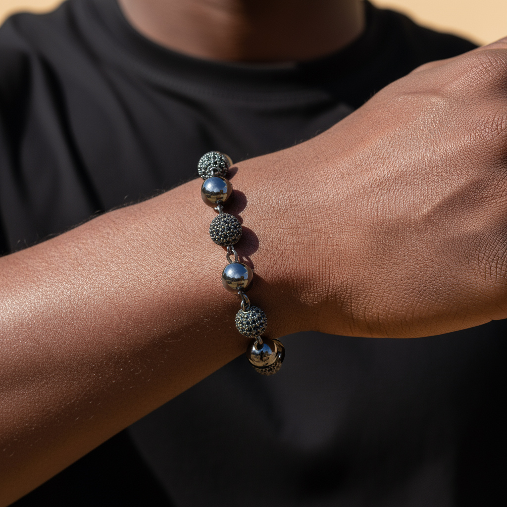 8mm Iced Beads Bracelet in Black Gold Plated 8mm Iced Beads Bracelet in Black Gold Plated