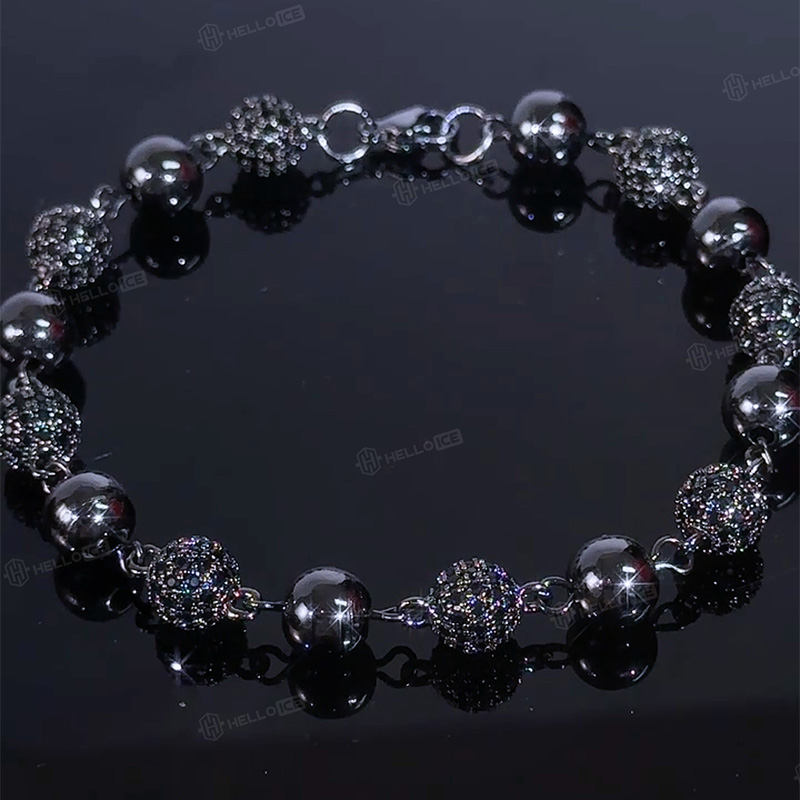 8mm Iced Beads Bracelet in Black Gold Plated