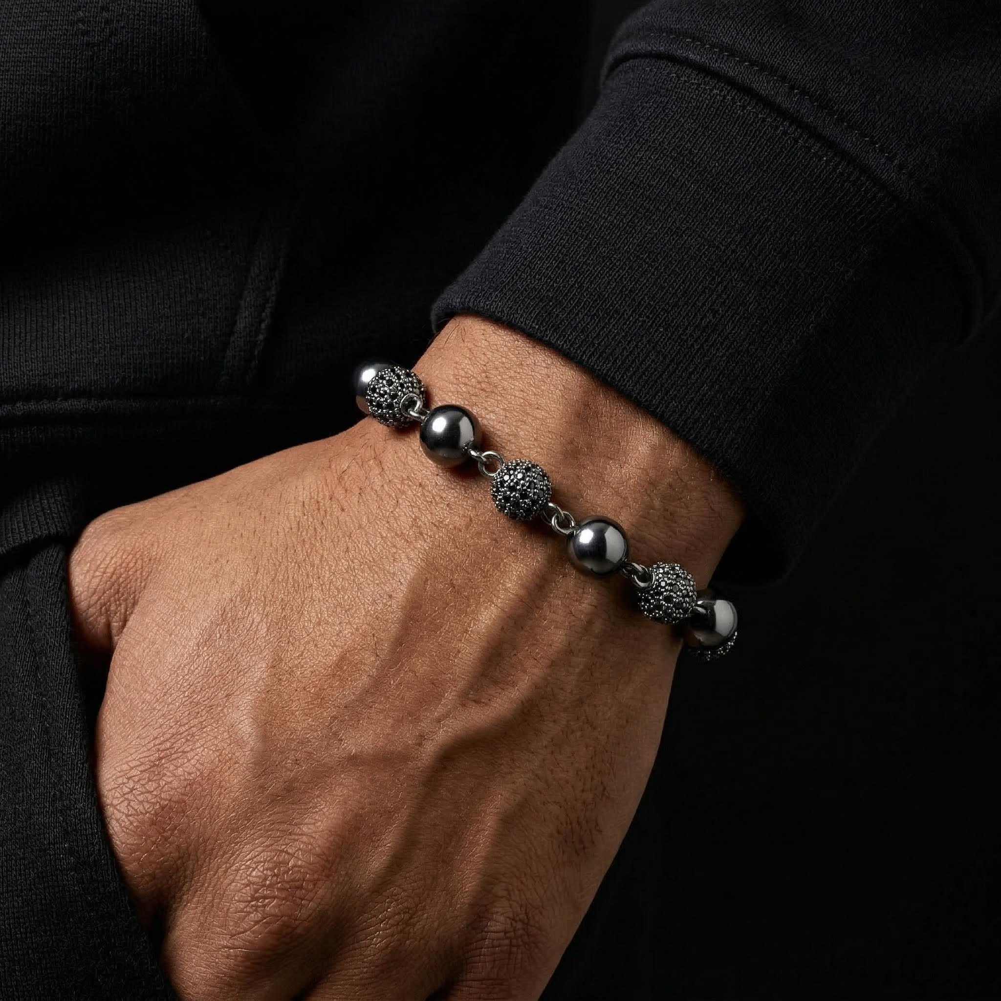 8mm Iced Beads Bracelet in Black Gold Plated