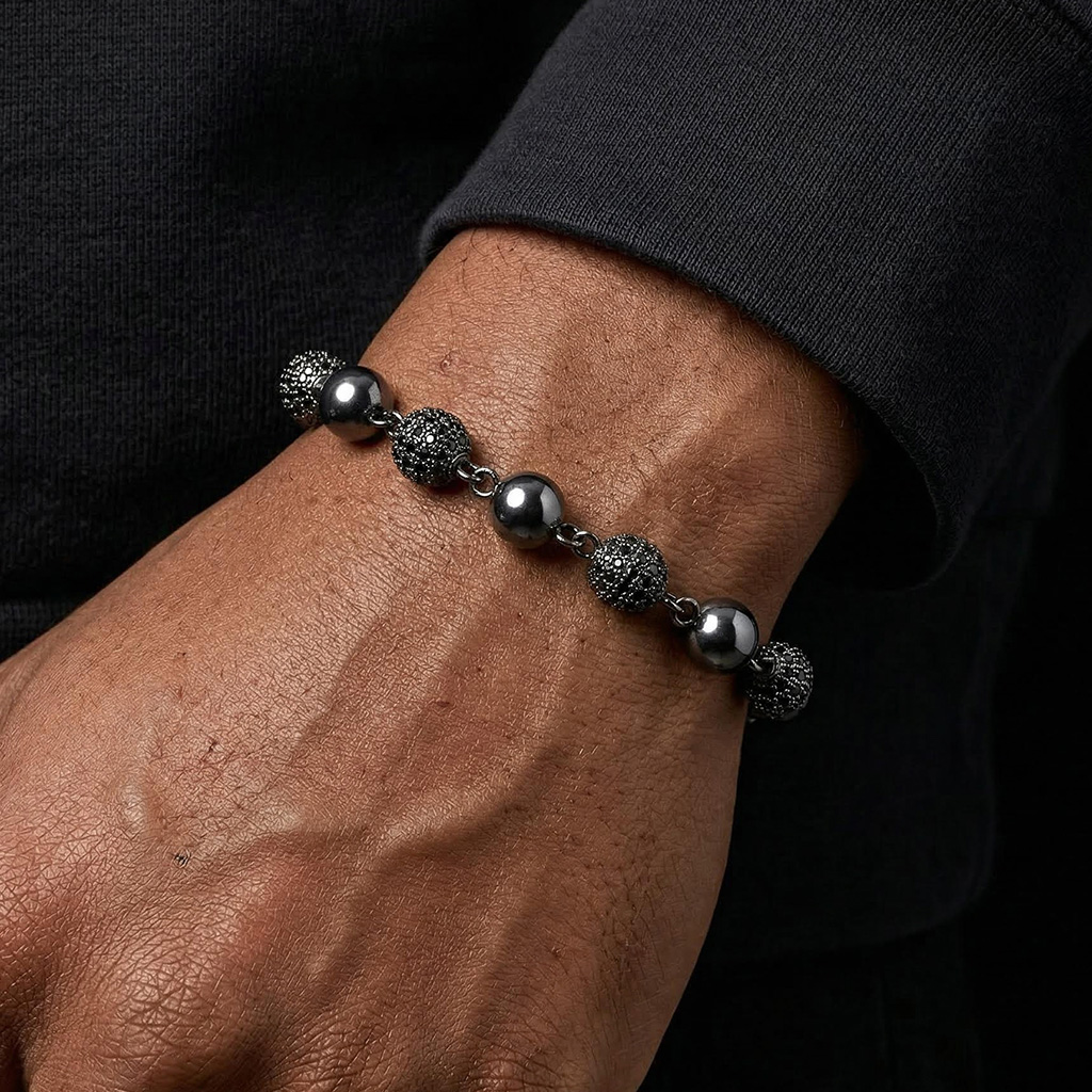 8mm Iced Beads Bracelet in Black Gold Plated