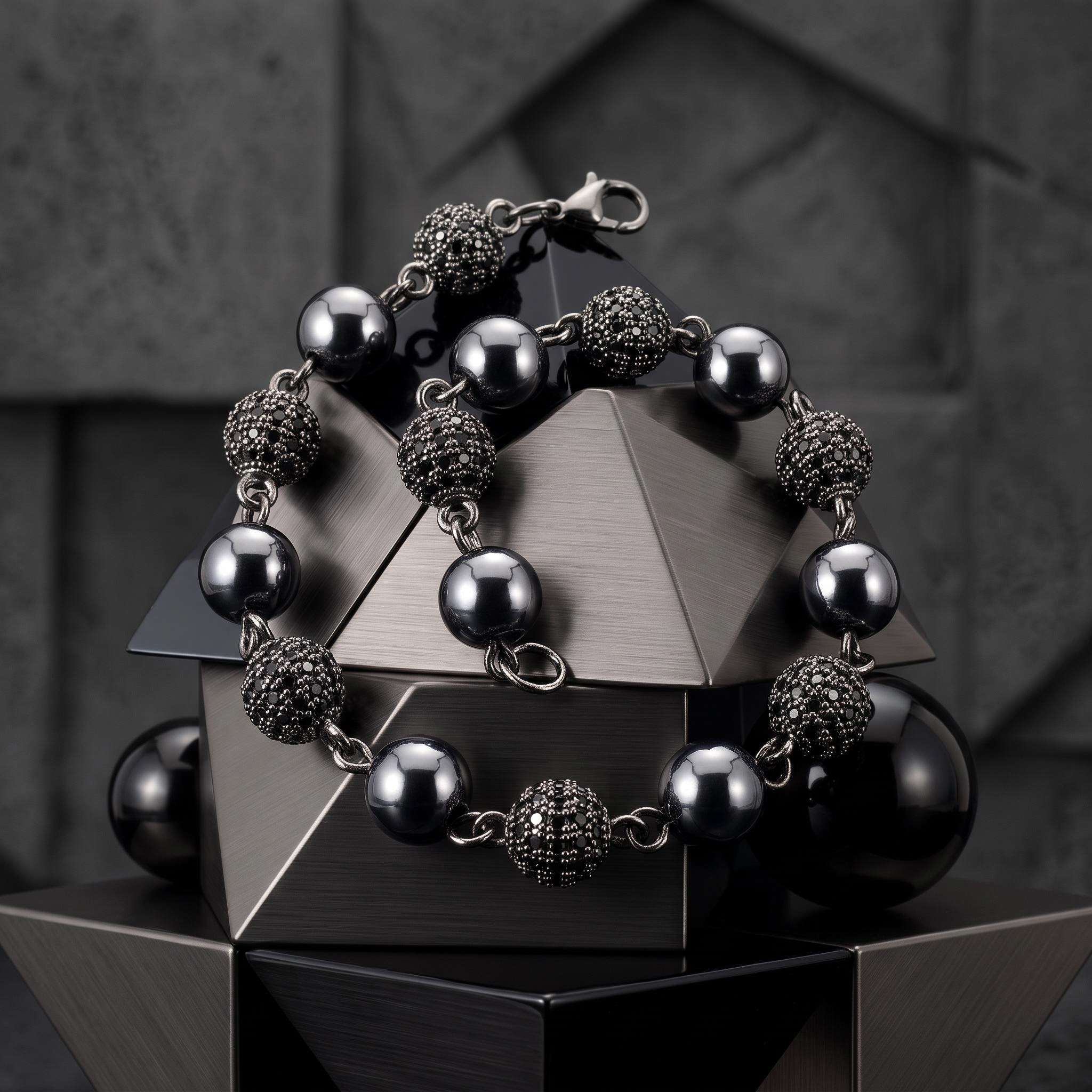 8mm Iced Beads Bracelet in Black Gold Plated