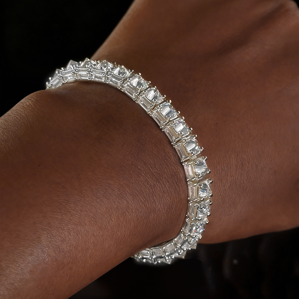 Iced Out Emerald Cut Sides Inverted Round Cut Tennis Bracelet
