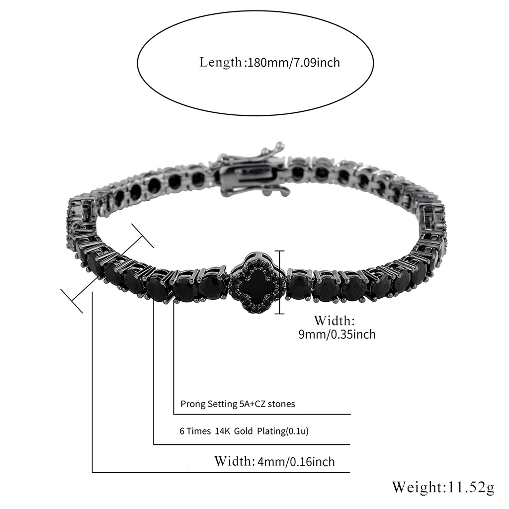 4mm Iced Out Four Leaf Clover Tennis Bracelet in Black Gold