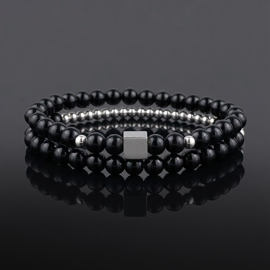 Square Steel Beads Obsidian Black Gallstone Beaded Stretch Bracelet