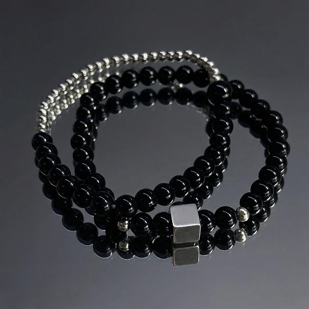 Square Steel Beads Obsidian Black Gallstone Beaded Stretch Bracelet