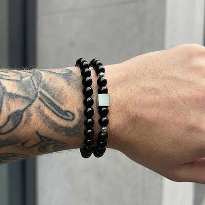 Square Steel Beads Obsidian Black Gallstone Beaded Stretch Bracelet