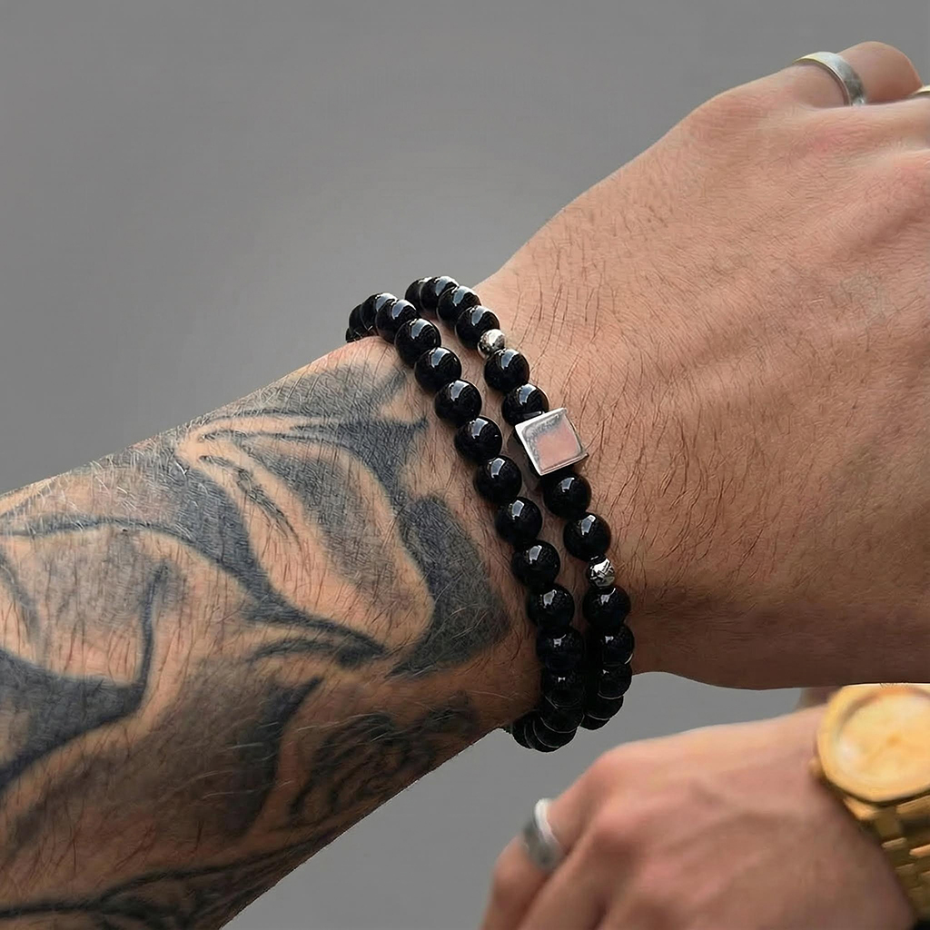 Square Steel Beads Obsidian Black Gallstone Beaded Stretch Bracelet