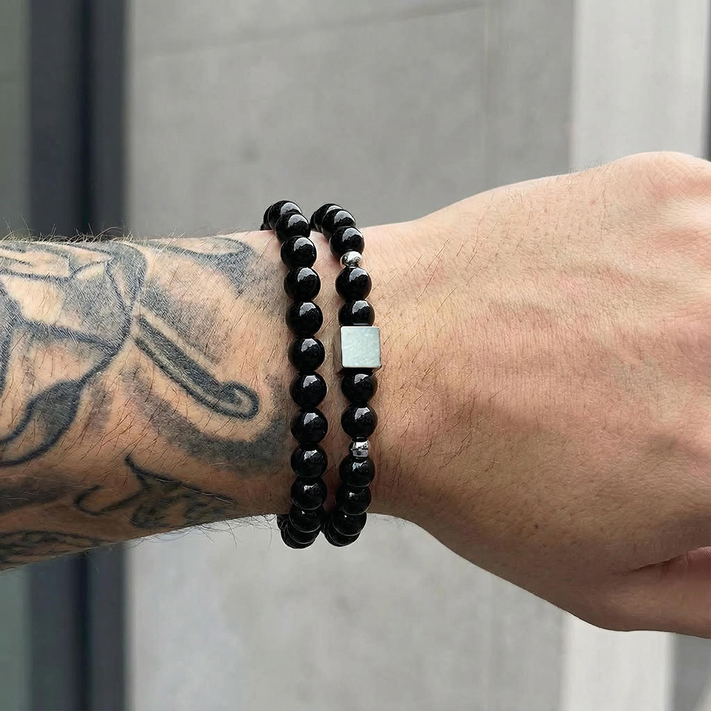 Square Steel Beads Obsidian Black Gallstone Beaded Stretch Bracelet