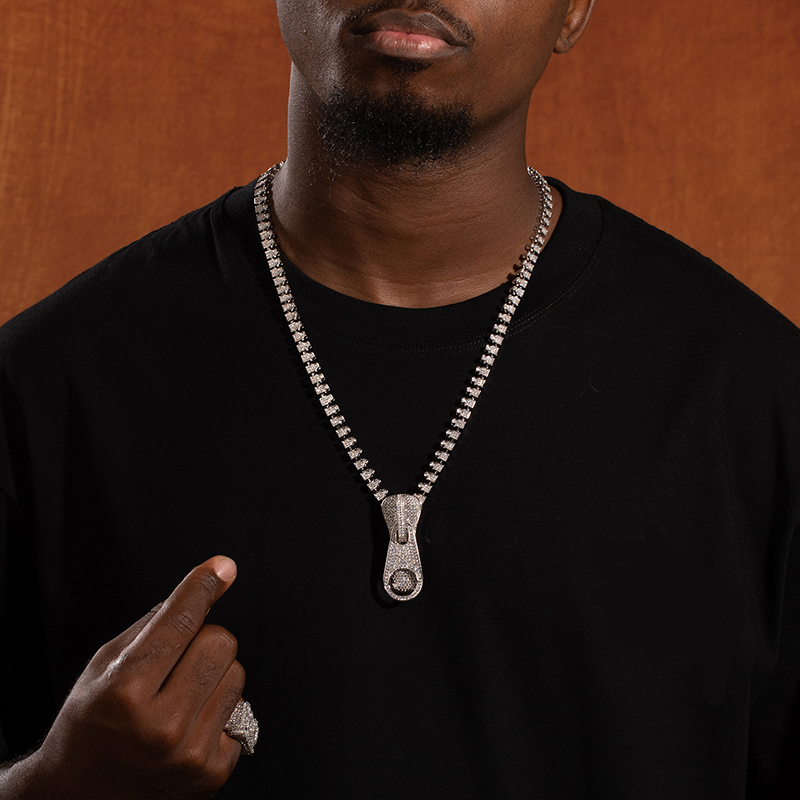 7mm Ice Out Hop Hip Bling Collar Zipper Chain Necklace