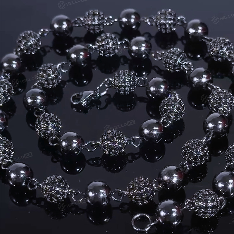 8mm Iced Beads Chain in Black Gold Plated