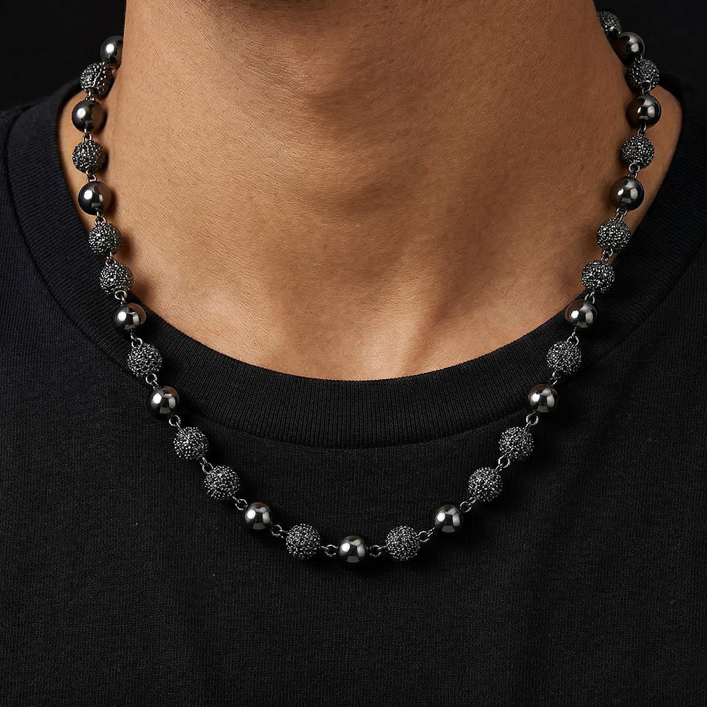 8mm Iced Beads Chain in Black Gold Plated