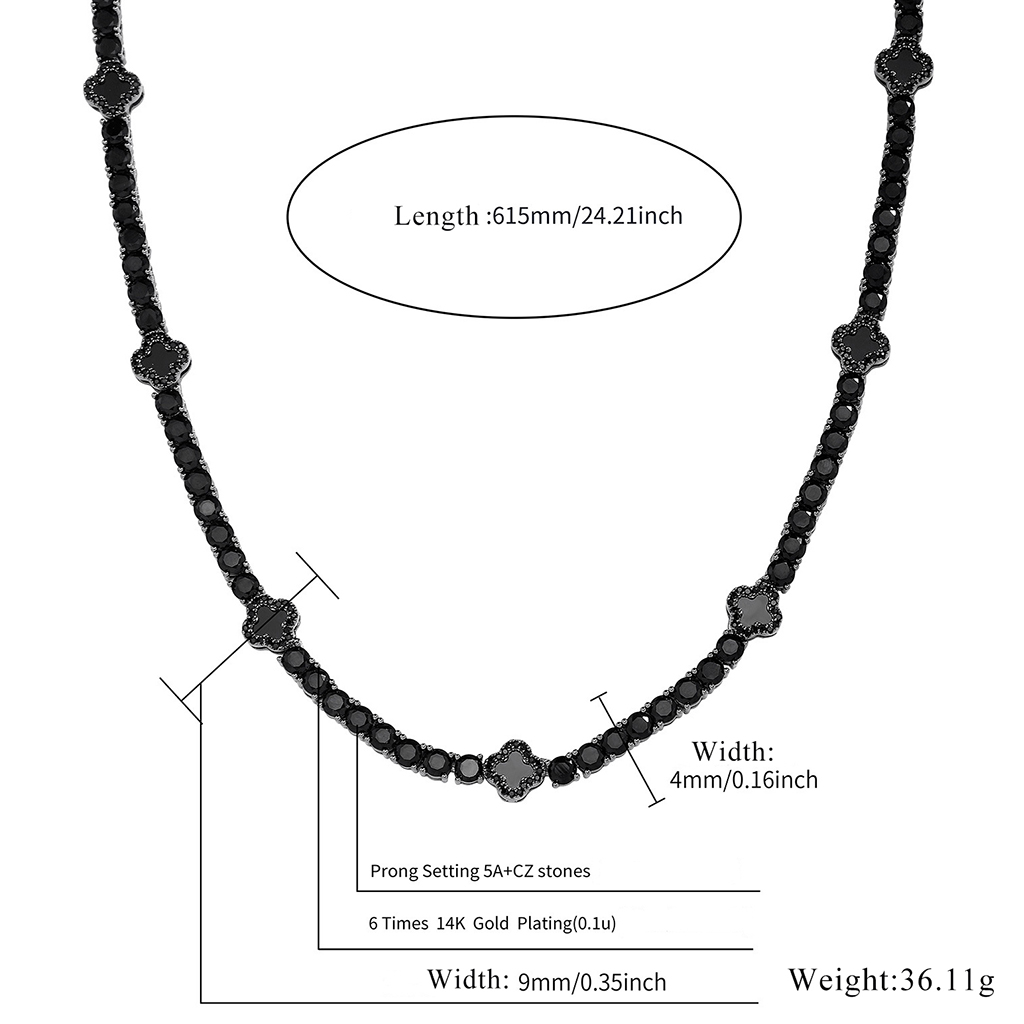 4mm Iced Out Four Leaf Clover Tennis Chain in Black Gold