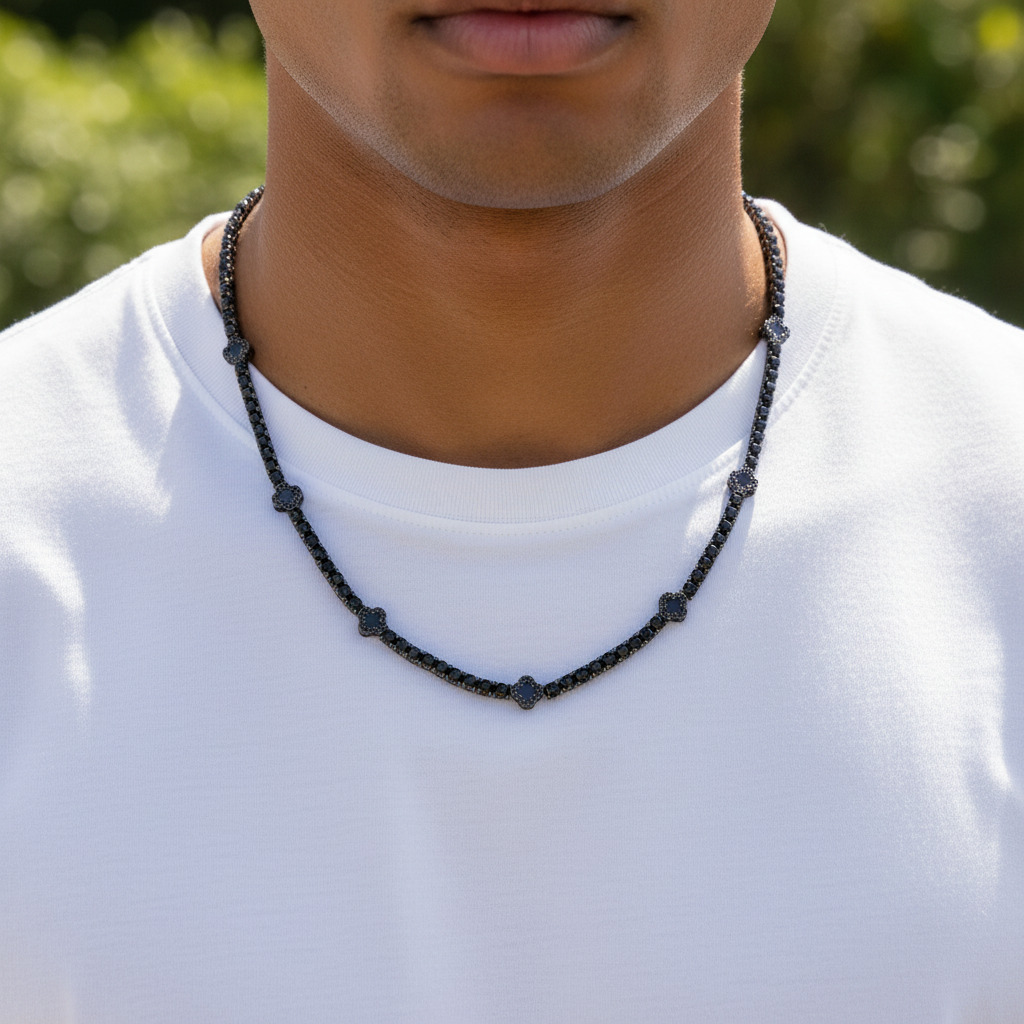 4mm Iced Out Four Leaf Clover Tennis Chain in Black Gold