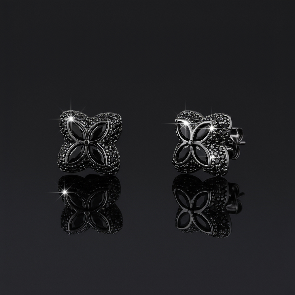 Iced Out Four Leaf Clover Stud Earrings with Black Gold Plated Iced Out Four Leaf Clover Stud Earrings with Black Gold Plated