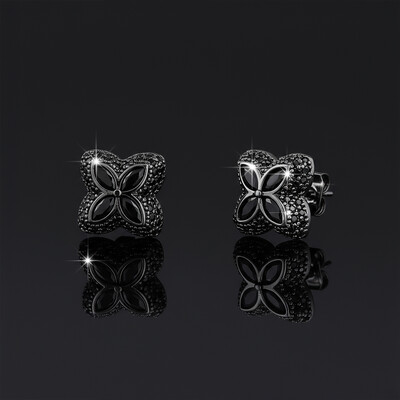 Iced Out Four Leaf Clover Stud Earrings with Black Gold Plated