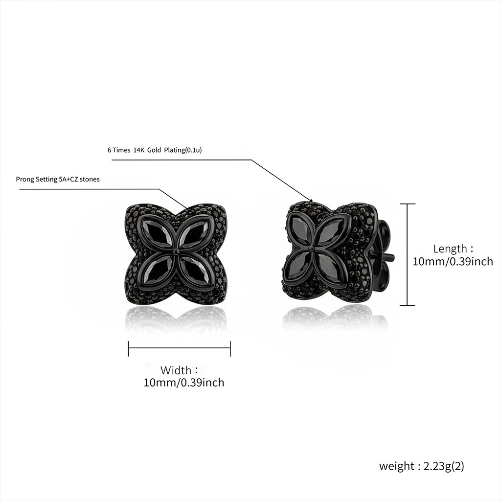 Iced Out Four Leaf Clover Stud Earrings with Black Gold Plated Iced Out Four Leaf Clover Stud Earrings with Black Gold Plated