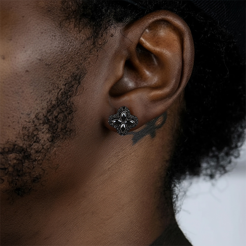 Iced Out Four Leaf Clover Stud Earrings with Black Gold Plated Iced Out Four Leaf Clover Stud Earrings with Black Gold Plated