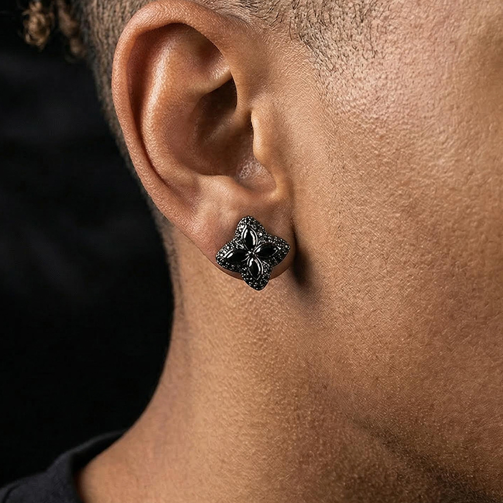 Iced Out Four Leaf Clover Stud Earrings with Black Gold Plated