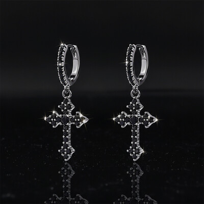 Iced Cross Dangle Earrings with Black Gold Plated