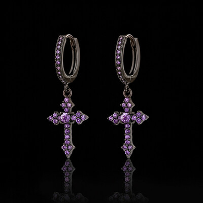 Iced Cross Dangle Earrings with Black Gold Plated