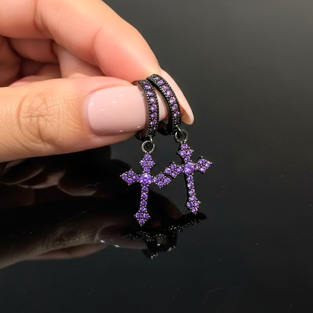 Iced Cross Dangle Earrings with Black Gold Plated Iced Cross Dangle Earrings with Black Gold Plated