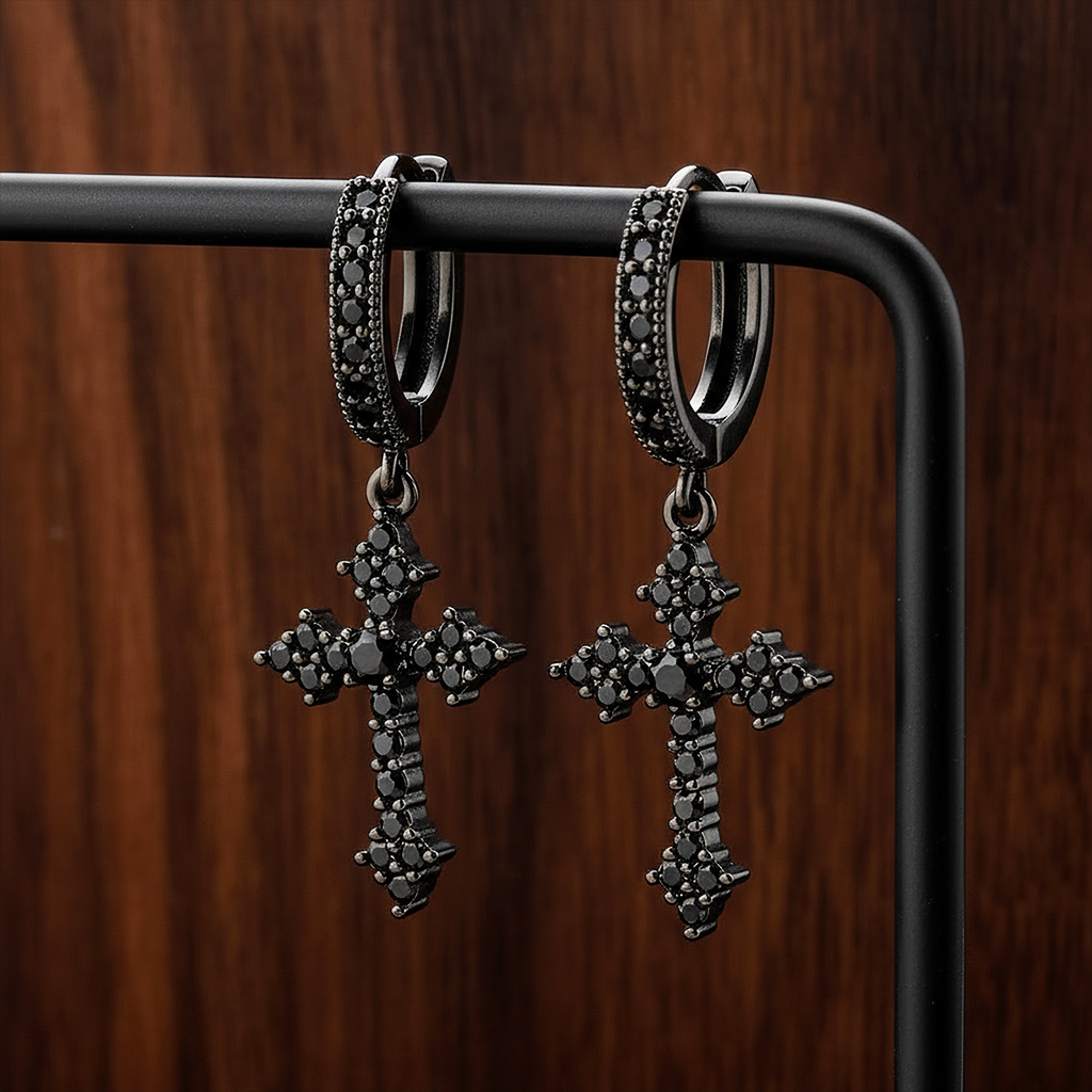 Iced Cross Dangle Earrings with Black Gold Plated Iced Cross Dangle Earrings with Black Gold Plated