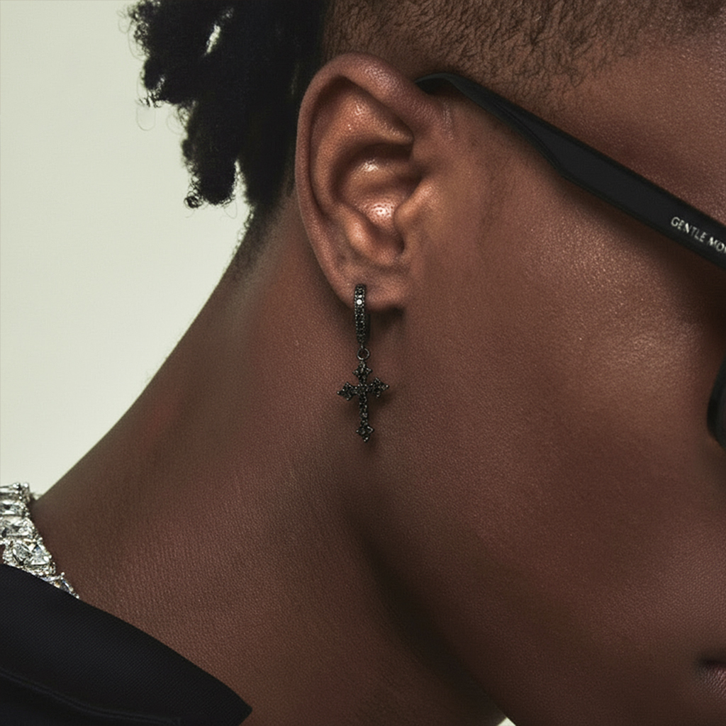 Iced Cross Dangle Earrings with Black Gold Plated Iced Cross Dangle Earrings with Black Gold Plated