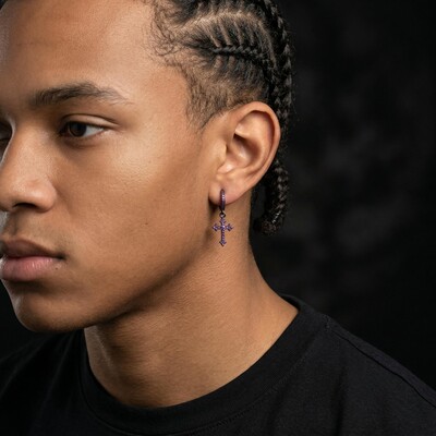 Iced Cross Dangle Earrings with Black Gold Plated