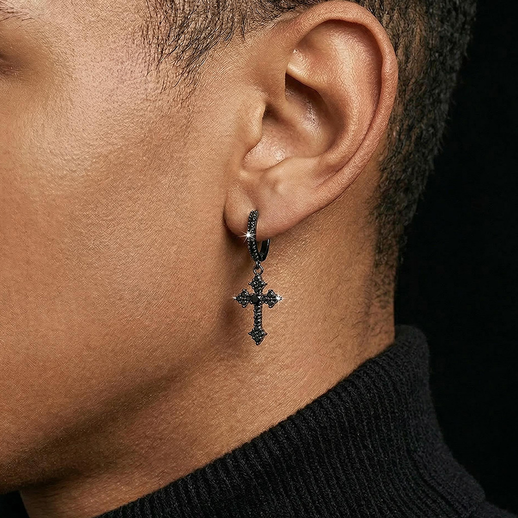 Iced Cross Dangle Earrings with Black Gold Plated