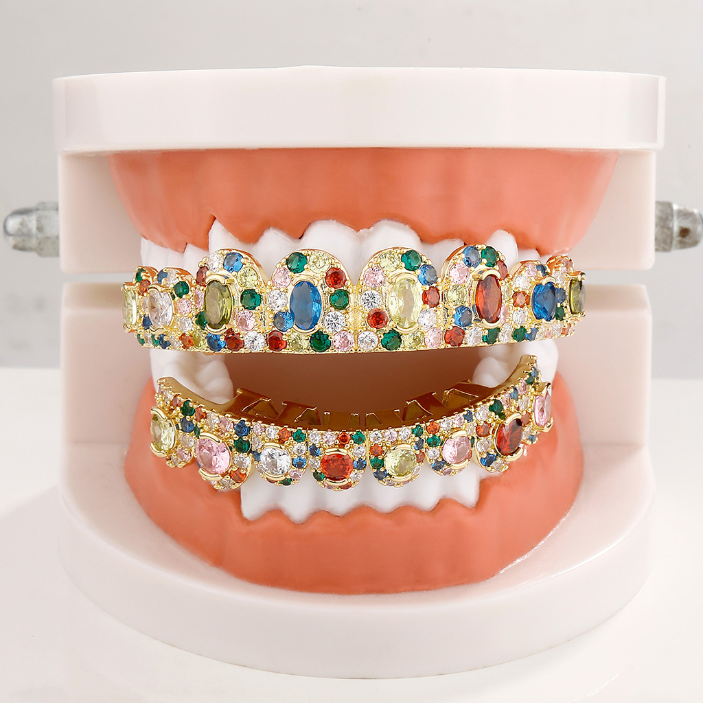 Iced Out Hip Hop Colorful Diamond Pave Grillz Set
