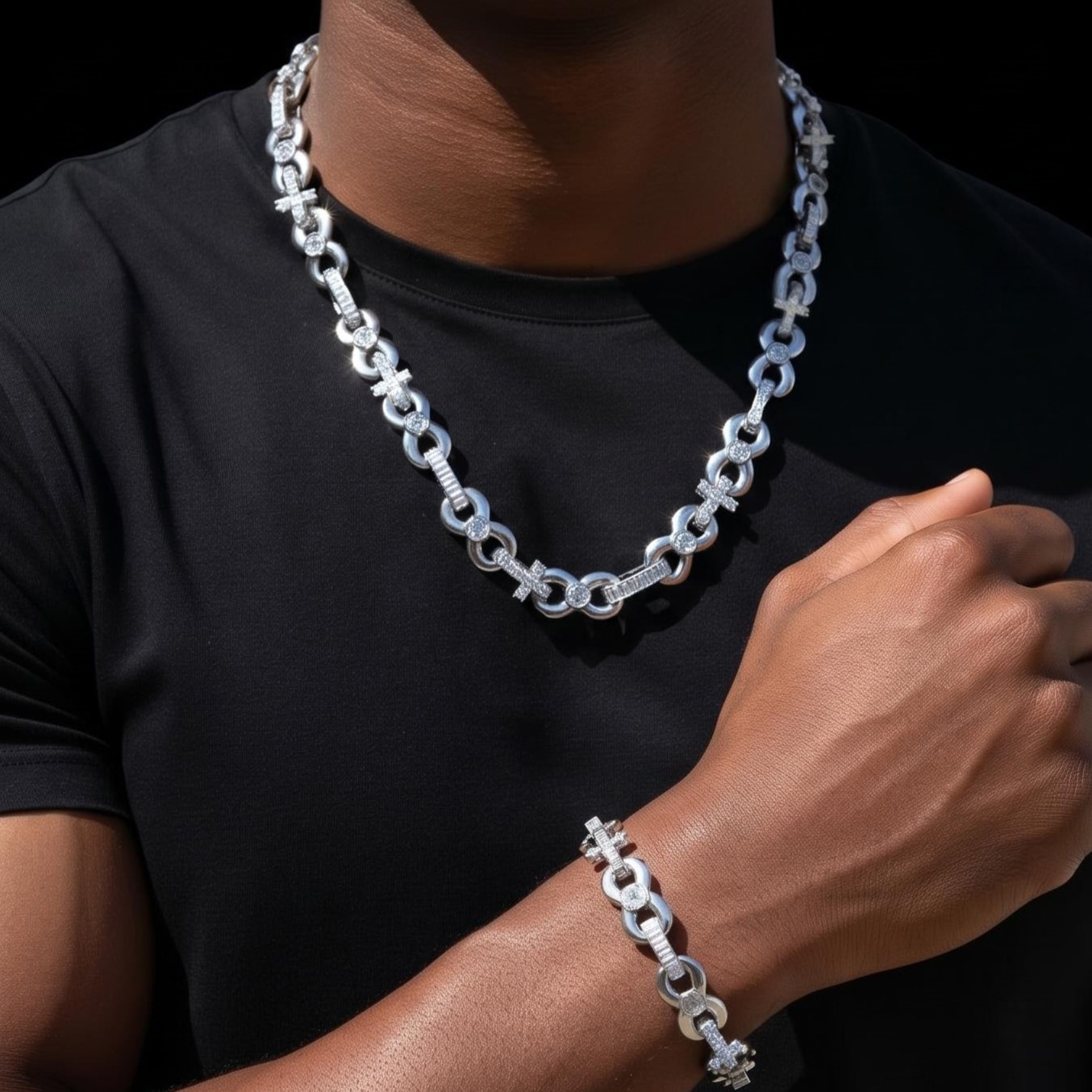 Iced Out 12mm Baguette Cut Infinite Cross Chain & Bracelet Set Iced Out 12mm Baguette Cut Infinite Cross Chain & Bracelet Set