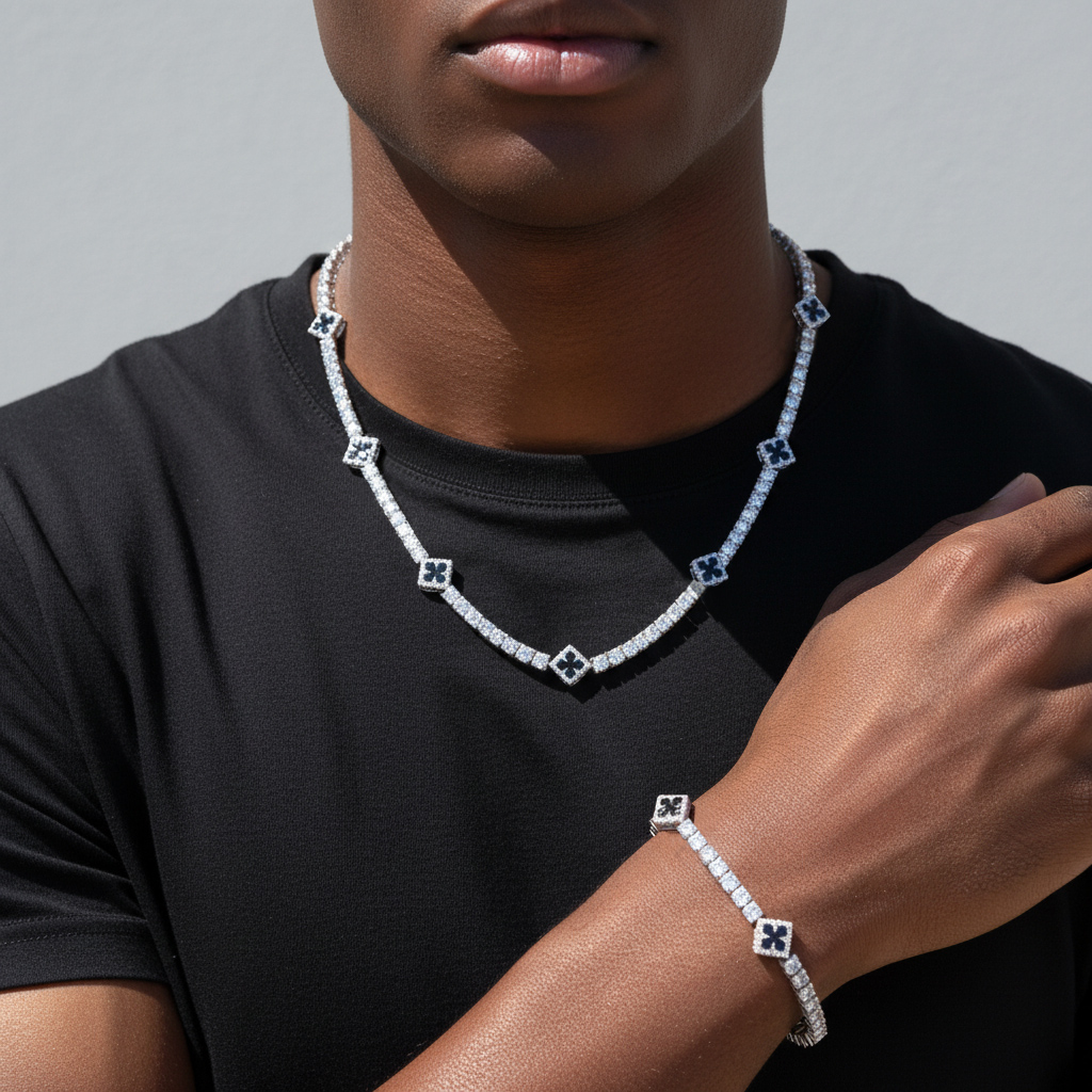 Iced Out Four Leaf Clover Tennis Chain & Bracelet Set