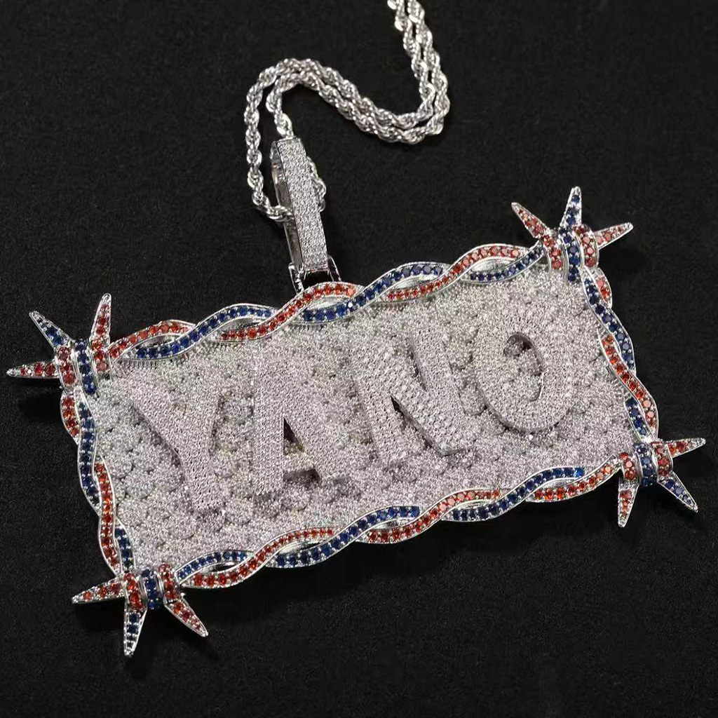 Iced Out Custom Letters/Name Thorn Rectangular Pendant Iced Out Custom Letters/Name Thorn Rectangular Pendant