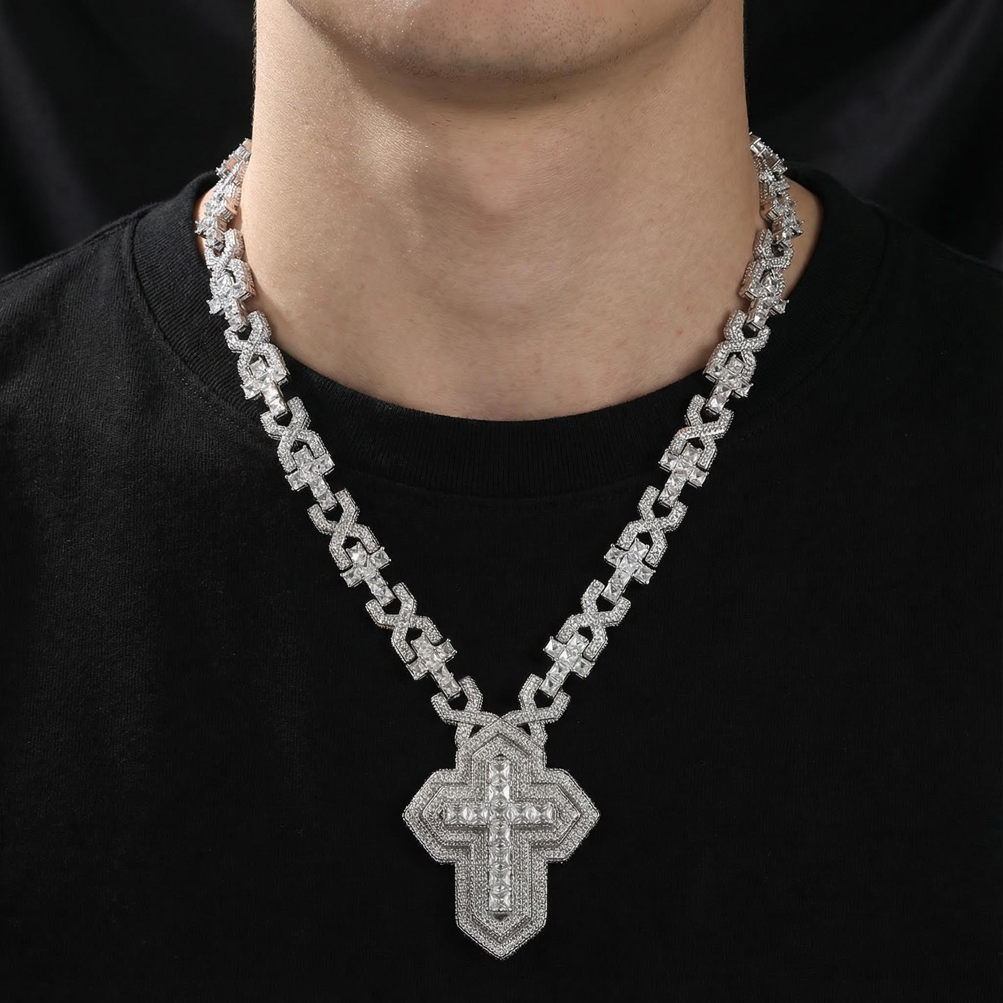 Iced Out Pave Princess Diamond Cross Pendant