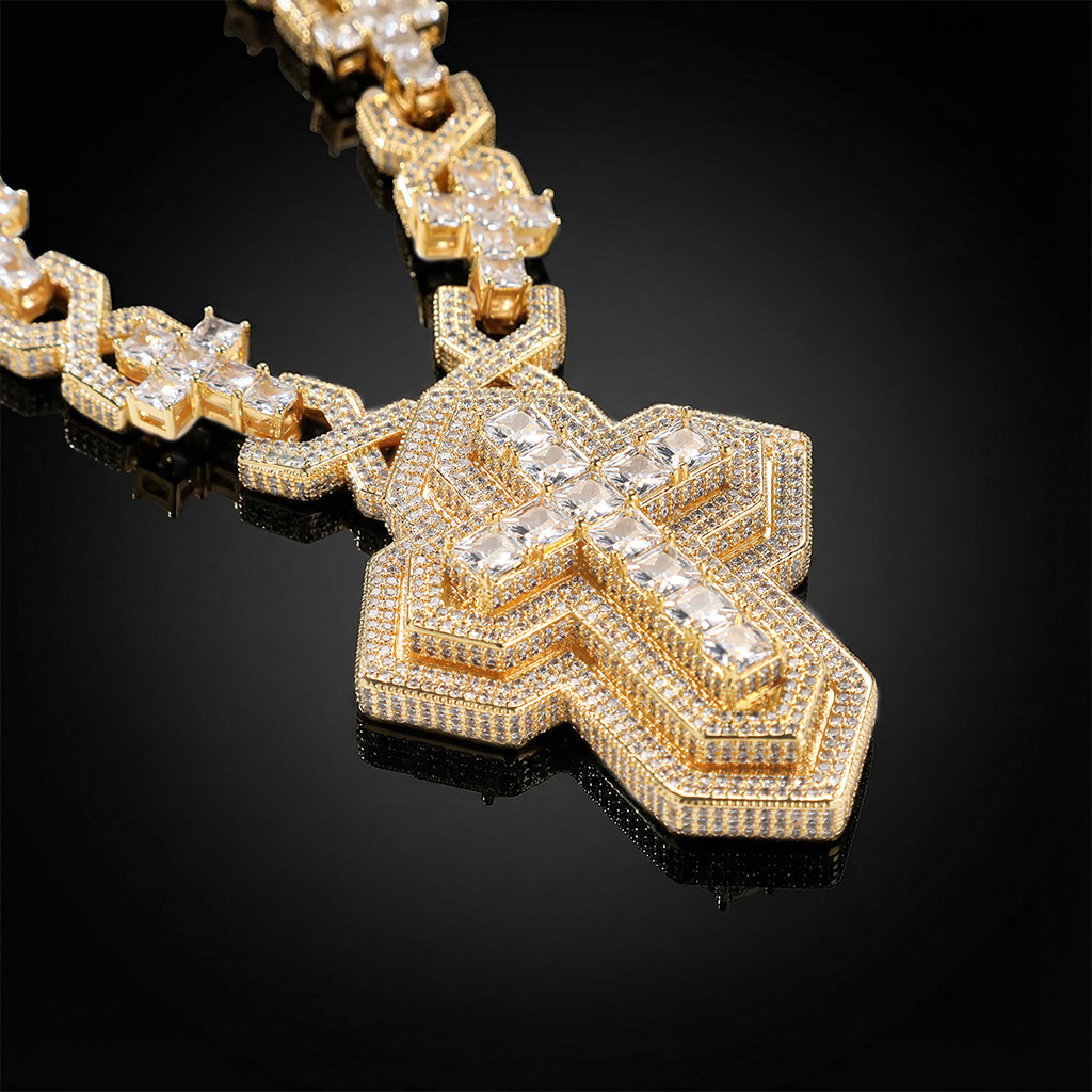 Iced Out Pave Princess Diamond Cross Pendant