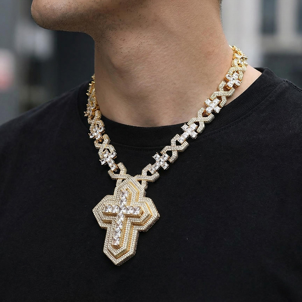 Iced Out Pave Princess Diamond Cross Pendant