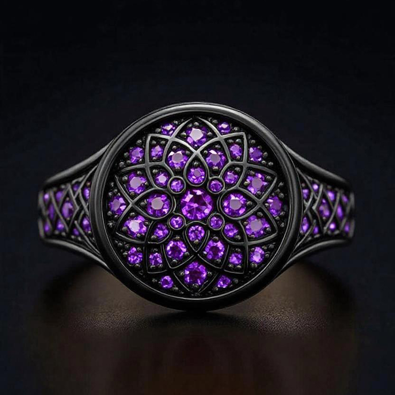 Sapphire/Emerald/Purple/Ruby Round Flower Men's Ring with Black Gold Plated Sapphire/Emerald/Purple/Ruby Round Flower Men's Ring with Black Gold Plated