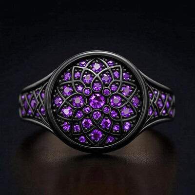 Sapphire/Emerald/Purple/Ruby Round Flower Men's Ring with Black Gold Plated