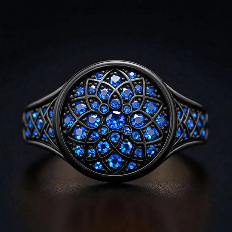 Sapphire/Emerald/Purple/Ruby Round Flower Men's Ring with Black Gold Plated Sapphire/Emerald/Purple/Ruby Round Flower Men's Ring with Black Gold Plated