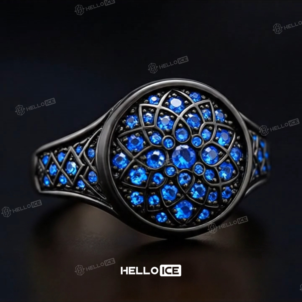 Sapphire/Emerald/Purple/Ruby Round Flower Men's Ring with Black Gold Plated Sapphire/Emerald/Purple/Ruby Round Flower Men's Ring with Black Gold Plated