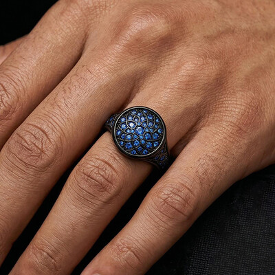 Sapphire/Emerald/Purple/Ruby Round Flower Men's Ring with Black Gold Plated