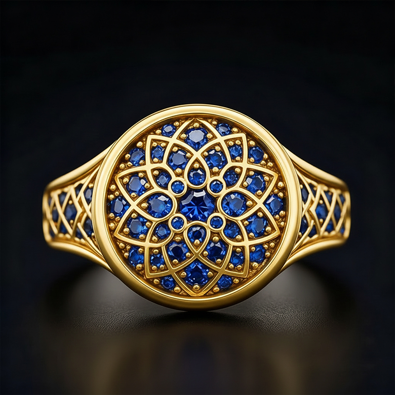 Sapphire/Emerald/Purple/Ruby Round Flower Men's Ring with Gold Plated