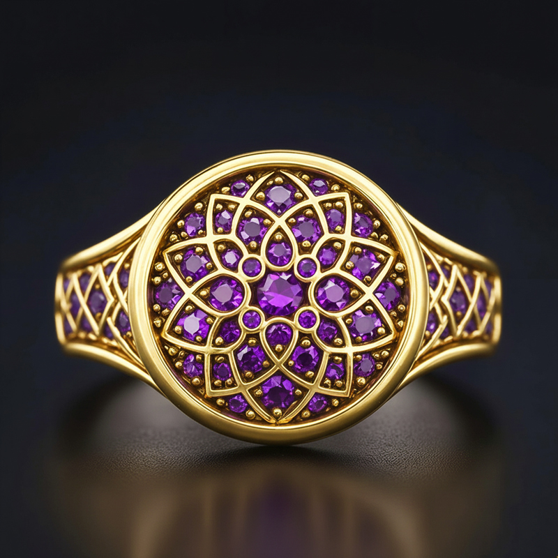 Sapphire/Emerald/Purple/Ruby Round Flower Men's Ring with Gold Plated