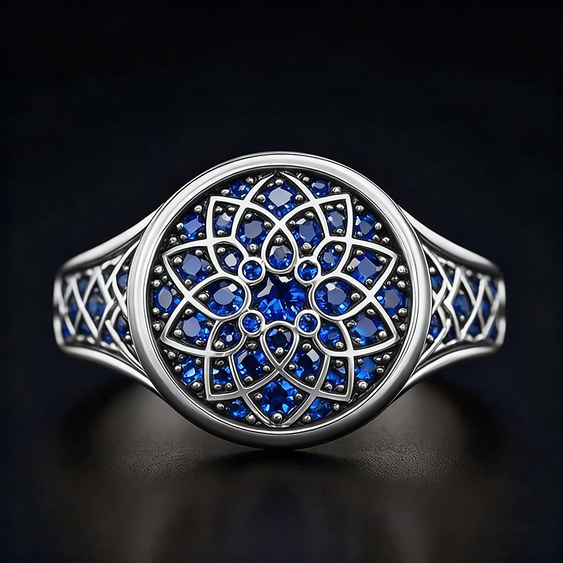 Sapphire/Emerald/Purple/Ruby Round Flower Men's Ring with White Gold Plated